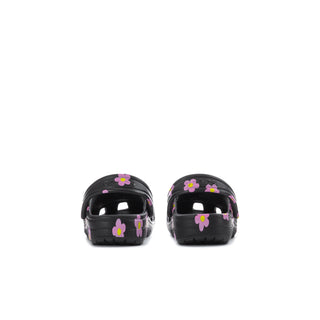 Toddler black clog heels view, pink flower print on back and molded heel caps