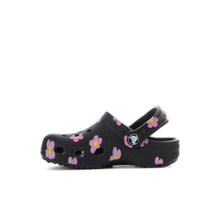 Toddler black slip-on clog with pink flower graphics and round front vent holes