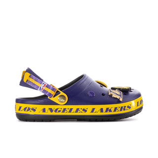 Men's purple Crocband clog with yellow trim, Lakers graphics, and comfort fit footbed.