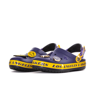 Men's purple Crocband slip-on clog with yellow outsole edge and Lakers logo accents.