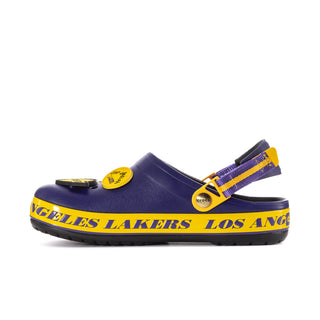 Men's purple Crocband clog with yellow side strap and bold Lakers text on the band.