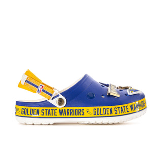 Men's slip-on clog in blue and yellow with team graphics and gold-tone buckle