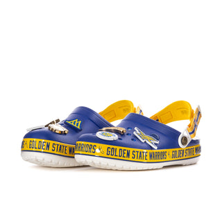 Pair of men's slip-on clogs in blue with yellow accents and team logo detailing