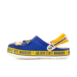Single men's blue clog with yellow strap, gold buckle, and team logo print