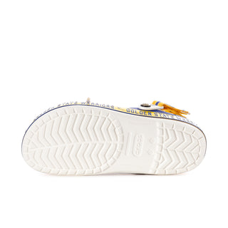 Men's clog outsole with white textured tread and blue/yellow upper edge