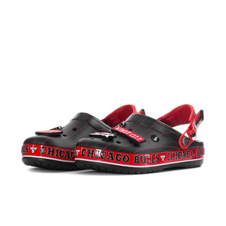 Mens Crocband clog pair, black upper with red accents and Chicago Bulls lettering