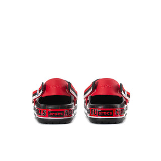 Mens Crocband clog back view with red heel accents and Chicago Bulls trim