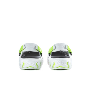 Men's white clogs viewed from back, green collar trim and cushioned heel
