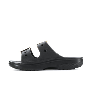 Women's black open-toe slide sandals with gold buckle straps and contoured sole