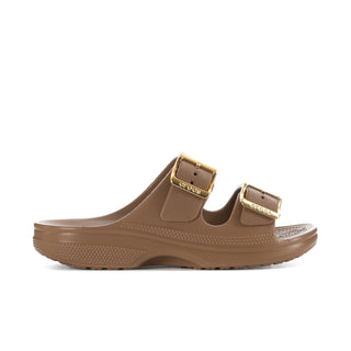 Women's sepia slide sandal with two gold buckle straps and molded footbed detail.
