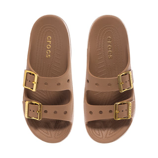 Women's sepia sandal with two gold buckles and cushioned footbed, slide style.