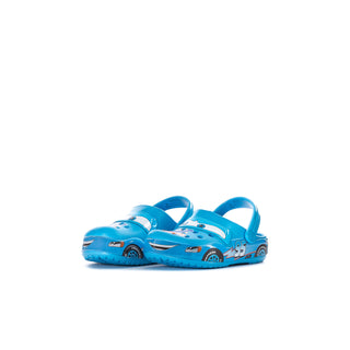 Toddler blue clogs with car graphic and '95' on side, slip-on clog design