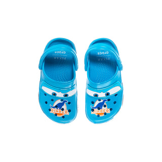 Toddler blue clogs, two front vents and car graphic with Dinoco text