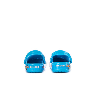 Toddler blue clogs, heel view with 'Dinoco' and car graphic on back