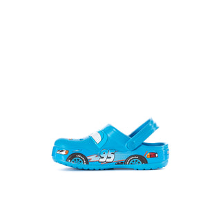 Toddler blue clogs with white side stripe and '95' racing car graphic