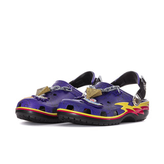 Men's classic clog pair, purple with black soles, chain charm straps, red and yellow accents