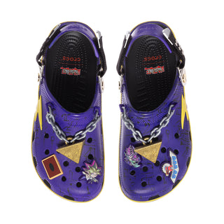Men's classic clog pair, purple tops with perforations and chain-strap decorations