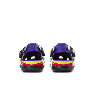 Men's classic clog, back view in purple with black strap and red stripe sole
