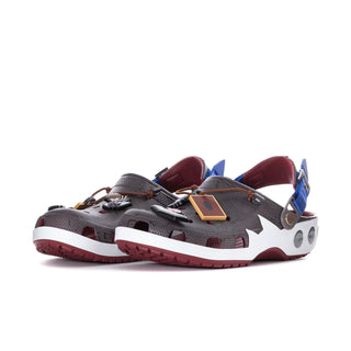 Men's gray clog with blue back strap, white platform sole, and red-brown tread