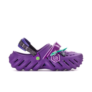 Men's purple clog with black strap, green accents, and decorative front graphic