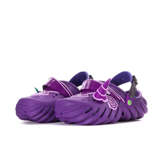 Men's purple clog pair with curving straps and green accent details