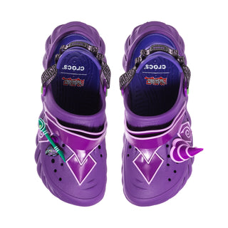 Men's purple clog with perforations, front graphic, and black insole lining