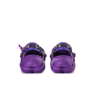Men's purple clogs with heel straps and small back openings