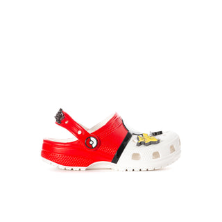 Kids' clog with red-and-white upper, black strap, and pokeball character charm