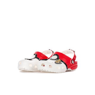 Kids' clog in red and white with black strap and character emblem on side