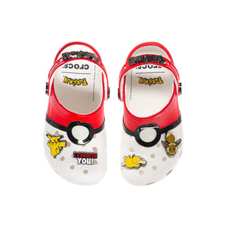 Pair of red-and-white kids' clogs with character graphics on the top straps