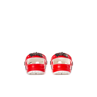 Kids' clogs with glossy red heel and white back panel, cushioned sole