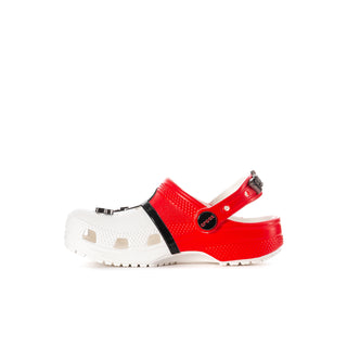 Kids' red-and-white clog with black slingback strap and metal charm detail