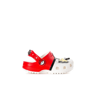 Toddler clog in red and white with cartoon Pokeball emblem and perforated design