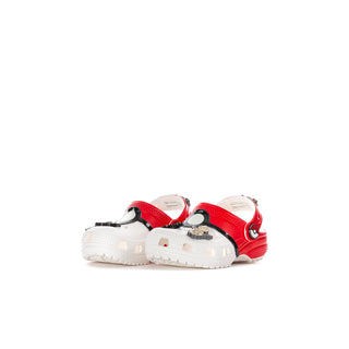 Pair of toddler clogs, red and white, with perforated uppers and heel strap detail