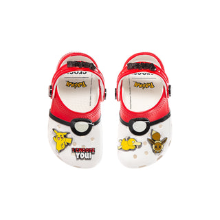 Toddler clogs showing inner lining with Pokemon graphics and adjustable heel straps