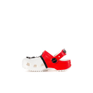 Toddler red and white clog with black strap accent, perforated top, and chunky sole