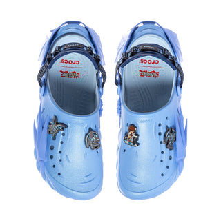 Pair of men's blue clogs with perforations and logo on the insole
