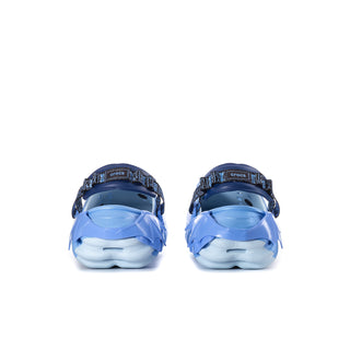 Men's blue clogs, slip-on style with dark strap and cushioned heel