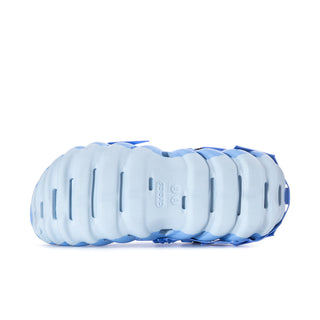 Men's blue clogs showing outsole tread pattern on the platform sole