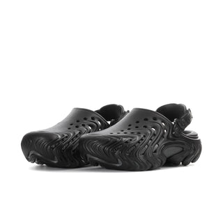Men's black clogs with perforated top and textured molded sole, side view