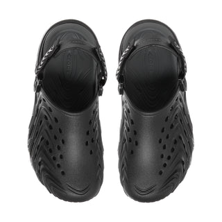 Men's black clogs with perforated uppers and adjustable strap, front view