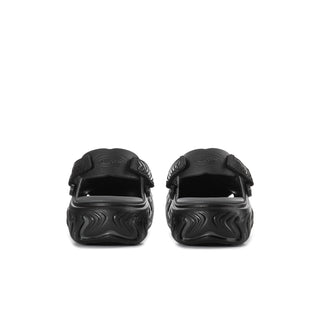 Men's black clogs with hook-and-loop heel strap and sculpted back tread