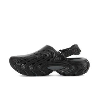 Men's black clog with perforated upper and adjustable side strap, side view