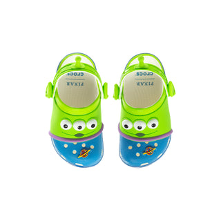 Toddler green and blue cartoon clog with alien face, vented upper and back strap
