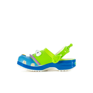 Toddler side view clog in green and blue with vented toe and back strap