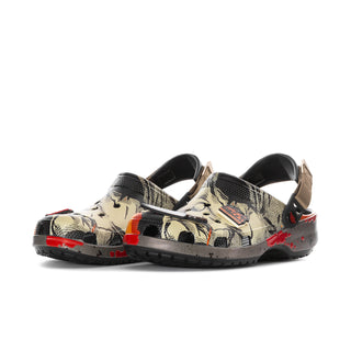 Mens classic clog pair in beige with Halloween-style web and splatter print, black outsole