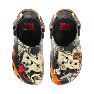 Mens classic clog top view in beige with spiderweb graphic and orange trim, adjustable heel strap