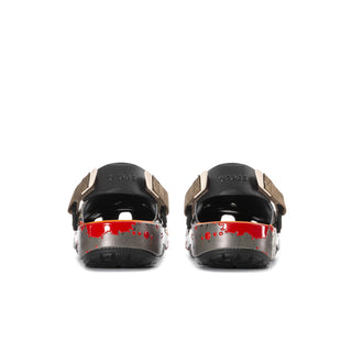 Mens classic clog heel view in beige with black back and red splash accents