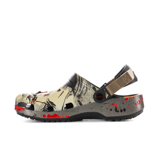 Mens classic clog angled side view in beige with web and splatter print, black sole
