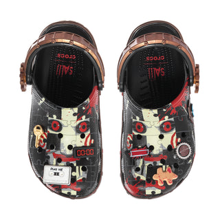 Men's classic clog, inner black lining visible with brown heel strap and patterned upper